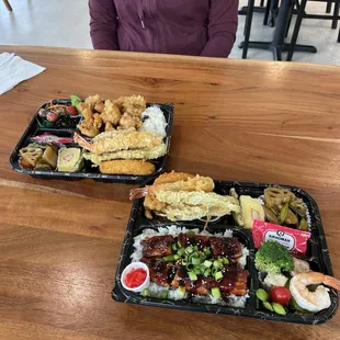 Chicken Karage ($18) and Unagi ($25) bentos. Good variety but steep prices.