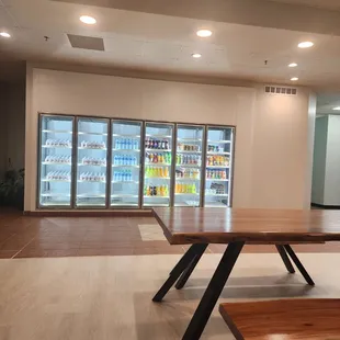 a table and benches in a store