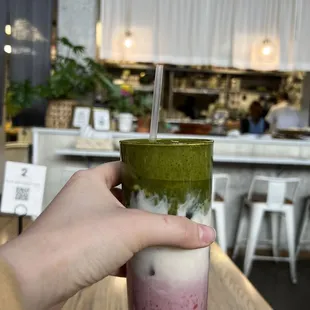 Strawberry matcha oat milk latte