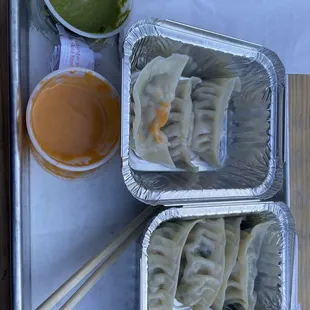 chicken and veggie steamed dumplings, chutney