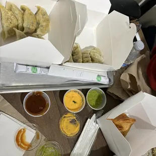 Steamed and pan fried veggie Nepalese dumplings and an order of samosas.