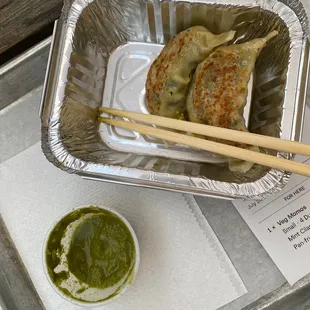 veggie pan-fried dumplings and green chutney