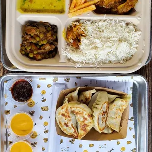 Chicken curry, daal and mushroom and peas. Along with panfried pork momos.