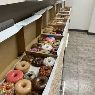 a long row of doughnuts