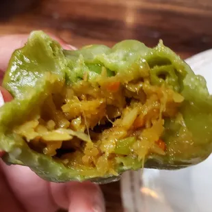 Interior of vegetable momo ($10), vegan w/o green chutney. Not bad.