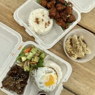 Pork rice bowl, garlic popcorn chicken special, steamed dumplings.