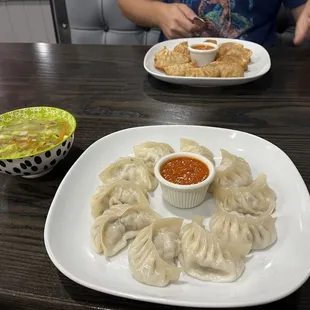 Steamed chicken momo with soup and fried pork momo