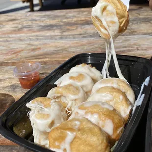 Yummmm fried chicken cheese momos! Such amazing chicken inside