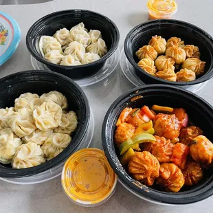 Juicy Pork Momo, Juicy Veggie Momo, Street Veggie Momo, and Chilli Chicken Momo