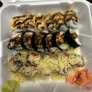 Bottom is friend roll middle is Shrimp Tempura Roll