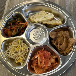 Appetizer - some sort of egg, maybe some tofu?, kimchi, sprouts, and spicy cucumber. Not sure how accurate that is, but it's all delicious!!