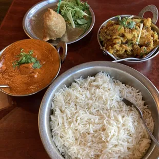 Basmati rice, Chicken Tikka Masala, Aloo Gobi, 2 Piece Meat Samosa