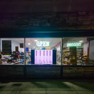 a storefront at night