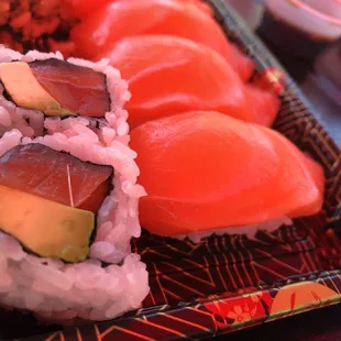 salmon, avocado, and avocado sushi