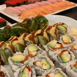 Rolls, sushi and sashimi
