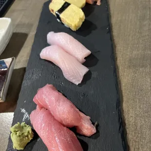 Chu Toro, hamachi, and tamago nigiri