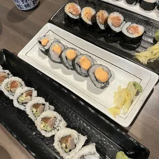 Oregon roll, spicy tuna roll, spicy salmon roll, spicy hamachi roll.