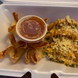 (Part of the) Trio Sampler. Bang bang scrimp, crab cheese wonton, jalapeño poppers.