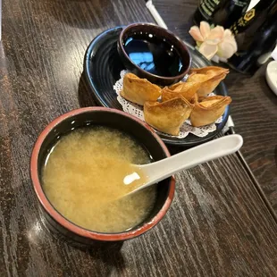 Miso  soup and crab Rangoon