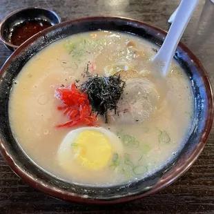 Tonkatsu-pork Ramen. Don&apos;t forget to ask for spicy sauce to add to your bowl.