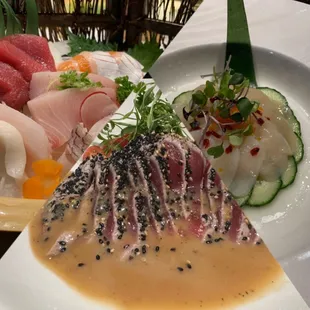 Sashimi, miso tuna, scallops sashimi