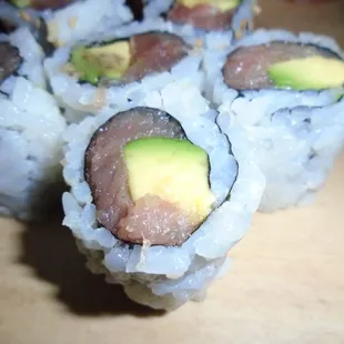 Tuna avocado roll, close-up.