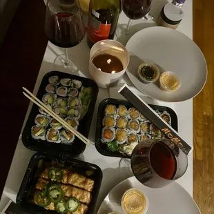 a table of food and wine