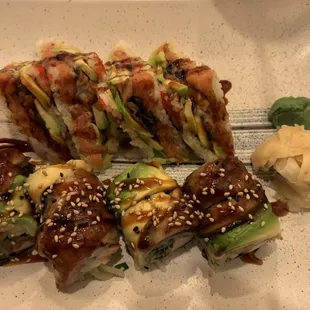 Flatiron (Spicy Tuna Sandwich) Roll and Dragon Roll
