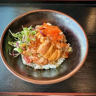 Omakase Bowl - Seasonal fresh fish chopped, uni, ikura and sesame oil dressing on sushi rice