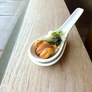 Scallop, Uni, Caviar Spoon - Seared scallop, uni sturgeon caviar on spoon
