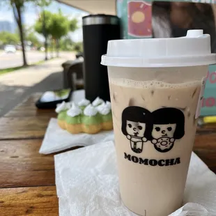 Medium Classic Milk Tea, and a Key Lime Pie Donut