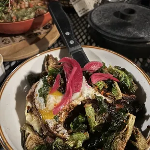 Lechon fried egg Brussels and street corn grits yum!