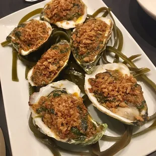 Oysters Momofuku - broiled with kimchi, spinach, bacon