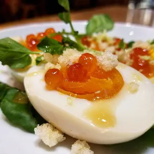Soft Boiled Eggs topped with smoked trout roe and crispy rice. Smooth, smokey &amp; Eggceeded my Eggspectations