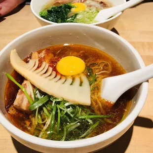 Smoked Pork Ramen (bottom) / Garlic Chicken Noodle Soup (top)