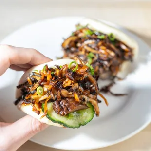 Caramelized Shiitake Buns with hoisin and cucumber.