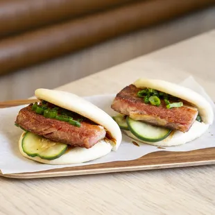 Pork Belly Buns with hoisin and cucumber.