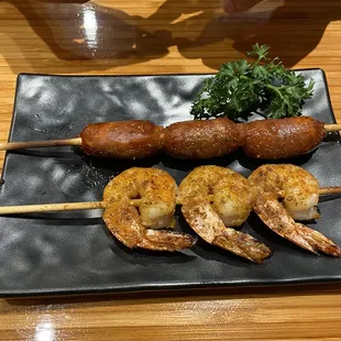 Corn Sausage and Shrimp skewers