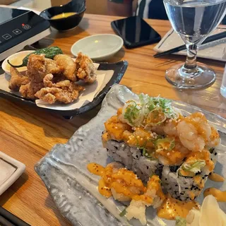 Spicy Rock Shrimp over Avocado & Cucumber Roll