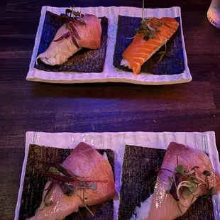3 yellowtail and a salmon handroll
