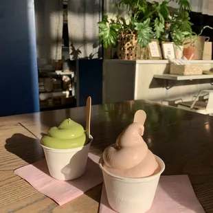 (left to right) Matcha Soft Serve Cup, Strawberry &amp; Cream Soft Serve Cup