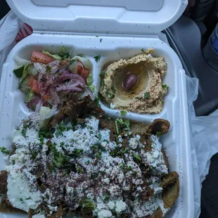 Lamb and chicken gyro meat over delicious rice with a side of hummus and a fun little salad