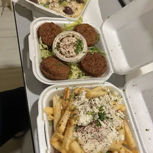 Baba Ganoush, Small Falafel, and Small Greek Fries