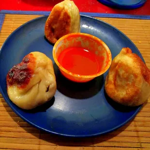 My momos with Tibetan hot sauce