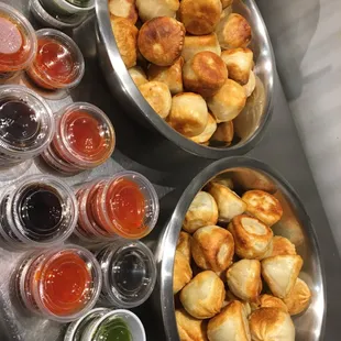 a variety of pastries and condiments