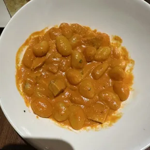 Special order. Gnocchi with tomato cream sauce, add grilled chicken. See the chicken? Me either