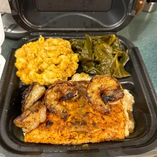 Seared Salmon and Shrimp with Mac &amp; cheese &amp; greens Taste great!!!!
