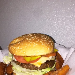 a hamburger and french fries