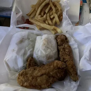 Cheeseburger Sub, Fries, chicken tenders