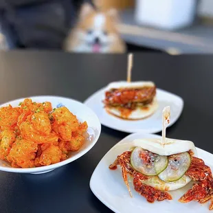 Clockwise: Kakuni [Pork Belly] Bao ($7), Soft Shell Crab Bao ($13), and Popcorn Shrimp w/ kochujang aioli ($16)